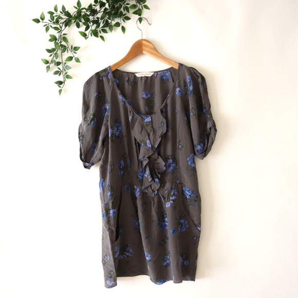 Rebecca Taylor Gray Blue Floral Short Sleeve Silk Tunic Top Size 6 - Picture 1 of 4